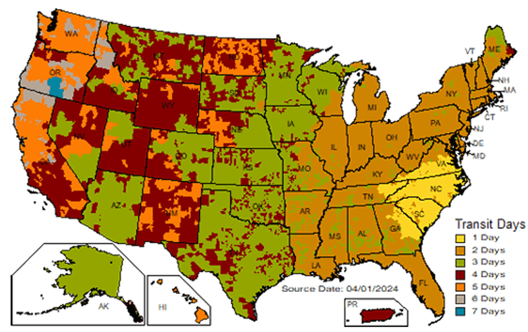 PressureWorx UPS Ground Transit Time Map